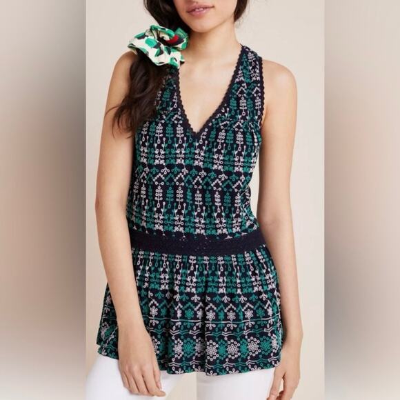 Maeve by Anthropologie sleeveless navy and green eyelet lace blouse - Picture 1 of 8